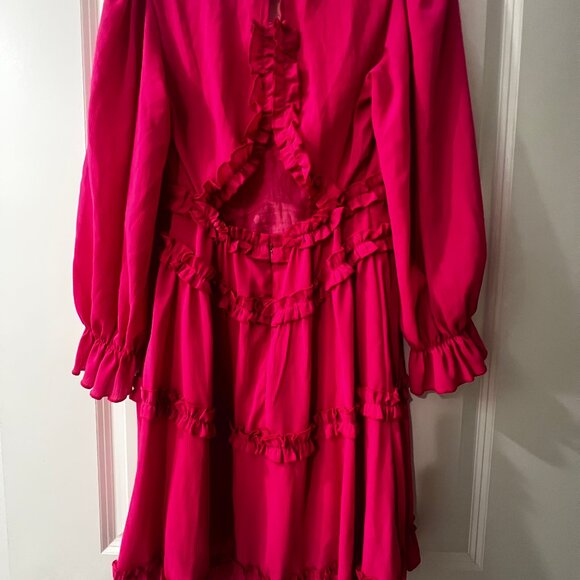 V-neck ruffled flowy summer long-sleeve stretch mini dress - pink - Small - Picture 3 of 3
